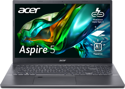 Ноутбук Acer Aspire 5 A515-57-59VX (NX.KN4EU.00C) Steel Gray / Intel Core i5-12450H / RAM 16 ГБ / SSD 512 ГБ / Підсвітка клавіатури / Зарядка через Type-C