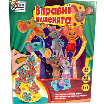 Дитяча гра настільна Вправні мишенята, 3+, 1-4 гравці, гра 3в1, балансир, вивчення цифр, башта, Fun Game, уп 19*6*24см (87231)