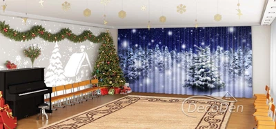 Новогодние Фото Шторы в детский сад PHOTODECOR "Снегопад в ночном лесу. Синий"