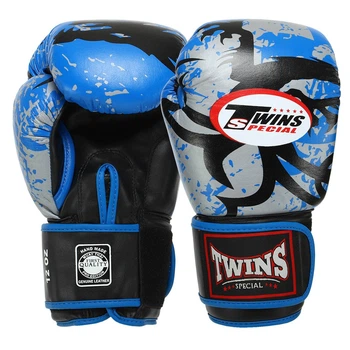 Перчатки для бокса кожаные на липучке Twins Special Tribal 9952 14 унций Black-Blue