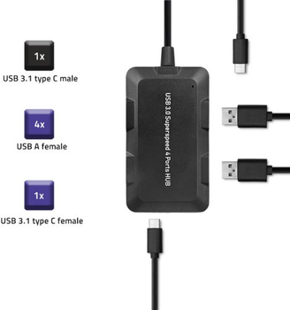 Хаб Qoltec 4x USB Typ A + Кабель USB Typ-C - micro USB 0.2 m чорний (5901878505022)