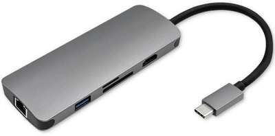 Адаптер USB Typ-C - HDMI/USB/RJ-45/SD/MicroSD 6 w 1 PD сірий (5901878503820)