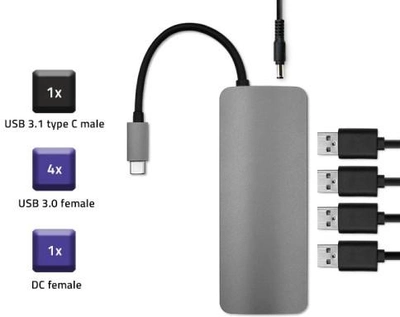 Адаптер Qoltec USB Typ-C - 4 x USB/DC 5 w 1 сірий (5901878503790)