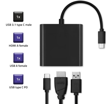 Adapter Qoltec USB Typ-C - HDMI A/USB Typ A/USB Typ-C 3 w 1 PD 0.2 m czarny (5901878504308)
