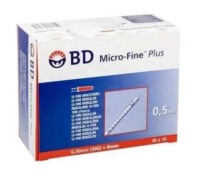 Шприц инсулиновый BD Micro-Fine Plus 0.5 мл (30G) x 8 мм., 100 шт.