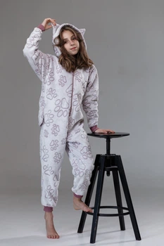 Тепла піжама з кишенею на попі та капюшоном SweetJama Frozy teenage Лапки Пудра 128