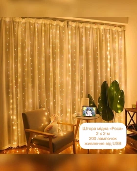 Гибкая светодиодная гирлянда штора Роса с пультом 2х2м 200LED DL от USB теплый белый 1000-М-38