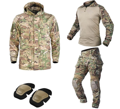 Тактический комплект военной одежды Brutal's Multicam, убакс с длинным рукавом и налокотниками, брюки с наколенниками+ куртка M65 Мультикам р.S