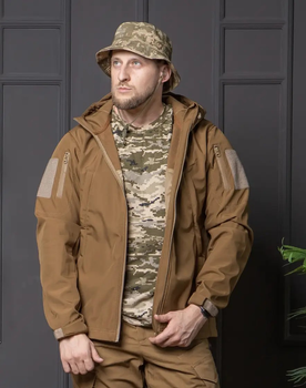 Мужская куртка Softshell койот с капюшоном и липучками под шевроны водонепроницаемая M