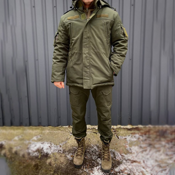 Мужская Зимняя Куртка на синтепоне с флисовой подкладкой / Водоотталкивающий Бушлат олива размер 2XL