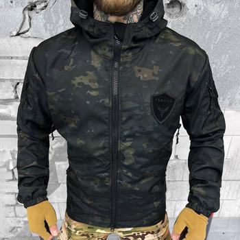 Демисезонная мужская Куртка Softshell на флисе с капюшоном и липучками под шевроны черный мультикам размер XXL