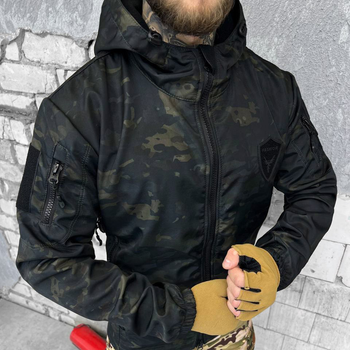 Демисезонная мужская Куртка Softshell на флисе с капюшоном и липучками под шевроны черный мультикам размер L
