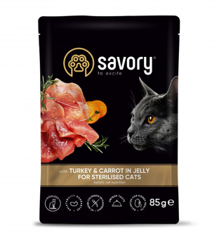 Влажный корм Savory для стерилизованных кошек, индейка с морковью в желе, пауч, 85 г