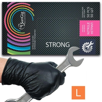 Супер прочные нитриловые перчатки SanGig STRONG, плотность 9 г. - черные (50 шт) L (8-9)