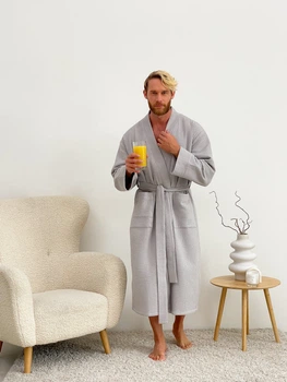 Вафельний халат чоловічий COSY кімоно без коміра M сірий 821N