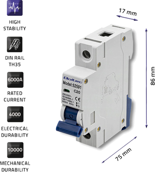 Автоматичний вимикач Qoltec C20 Запобіжник AC 20 A 1P (5901878525914)