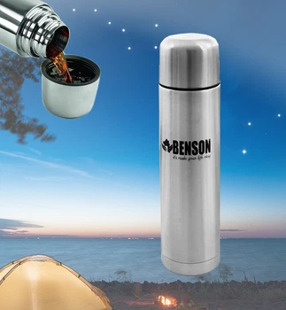 Термос для напитков 0.75 л вакуумный Benson BN O52 c чехлом и кнопочной крышкой из нержавеющей стали