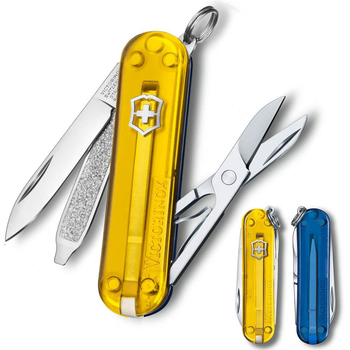 Швейцарський ніж Victorinox CLASSIC SD UKRAINE 58мм/7 функцій, жовто-сині напівпрозорі накладки