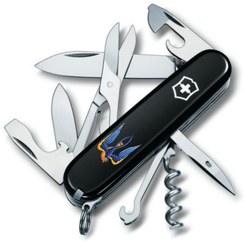 Нож складной 91 мм, 14 функций Victorinox CLIMBER UKRAINE Черный/Трезубец-Ласточка