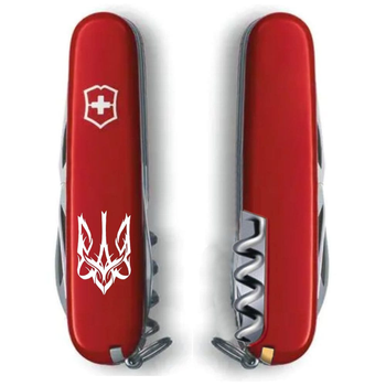 Швейцарський ніж Victorinox SPARTAN UKRAINE 91мм/12 функцій, червоні накладки, Тризуб готичний білий