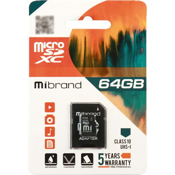 Карта пам'яті Mibrand 64Gb MicroSD SDHC (UHS-1) class 10 (adapter SD) для пристроїв