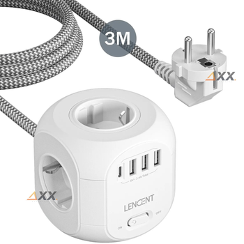 Мережевий фільтр розгалужувач трійник 4EU розетки з вимикачем + USB-C + 3USB-A + кабель 3 метри Lencent 2500W/10A Білий