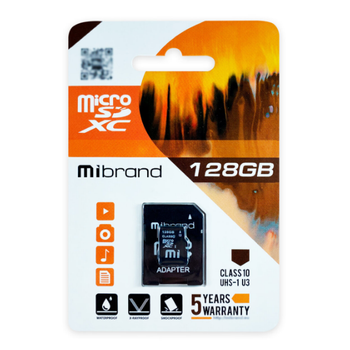Карта памяти Mibrand 128GB Class 10 UHS-I (U3) W-50 MB/s R-100MB/s +SD-адаптер (MICDHU3/128GB-A)