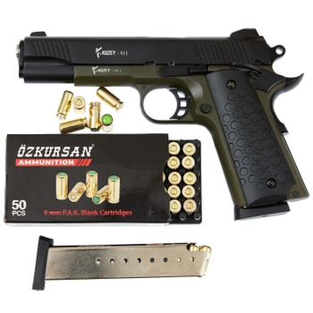 Стартовый сигнальный пистолет Kuzey 911 Green Grips с дополнительным магазином и пачкой патронов Ozkursan (50 шт)