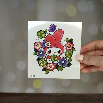 Тимчасове татуювання, фальшиве тату на тіло "Май Мелоді з квітами. Onegai My Melody" (Тату0006)