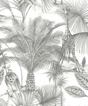 Виниловые обои на флизелиновой основе Grandeco Jungle Fever JF3501 пальмы черно-белый