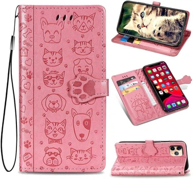 Чохол Embossed Cat and Dog для Iphone 11 Pro книжка з візитівкою шкіра PU рожевий
