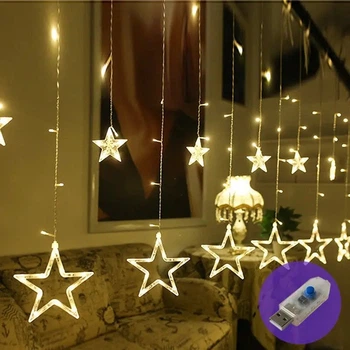 Гирлянда-бахрома штора Звёзды 12 нитей 120LED 3м*1м на батарейках+USB теплый белый 1000-ZABI-6USB