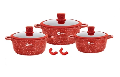 Набір каструль із кришками Higher Kitchen HK-325 з 8 предметів з антипригарним гранітним покриттям, Червоний