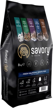 Сухой корм для длинношерстных кошек Savory со свежим лососем и белой рыбой 8 кг (4820232630037)