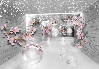 Флизелиновые фотообои серые стены и ветки вишни 368x280 см Волшебный 3D-туннель с цветами (20176V10) +клей