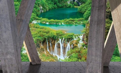 Флизелиновые 3д фотообои дерево 368x280 см Вид на водопад из окна (21392V10) +клей