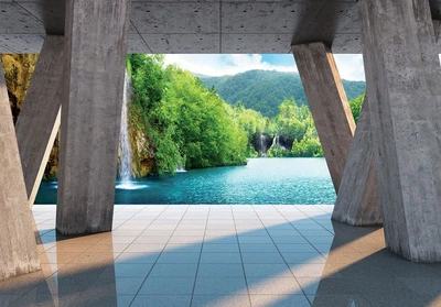 Флизелиновые фотообои на кухню Природа Ландшафт 254x184 см Лесной водопад за 3D бетонными колоннами (3652V4)+клей