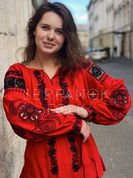 Червона жіноча вишита блуза з рішельє "Роксана" лляна вишиванка квіткова з решетилівкою і чорною вишивкою 12505-58 (3XL)