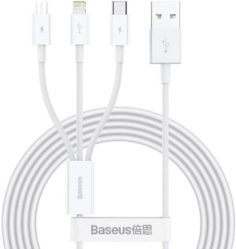 Кабель синхронізації зарядки 3 в 1 Baseus Data Cable USB для Micro+Lightning+Type-C 3 in 1 M+L+C 3.5A 1.5 м для пристроїв iOS Android (iPhone/Samsung/Xiaomi/Huawei/Meizu) White