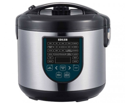 Мультиварка Edler EDMC-2006 Black, 860 Вт, 5 л, 25 програм, світлодиодний дисплей, мульти-кухар, відкладений старт, мірний стакан, ложка для рису, ложка для супу, лоток для приготування на пару, механічне керування