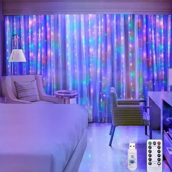 Світлодіодна новорічна гірлянда штора \ дощ на вікно 3х1м 100 LED з USB проводом 5В та пультом (різнобарвний, RGB)