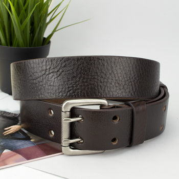 Ремень мужской кожаный JK-4561 brown широкий коричневый двухшпеньковый (120 см)