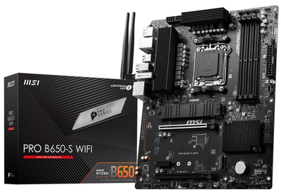 Материнська плата AM5 MSI PRO B650-S WIFI, B650, 4xDDR5, Int.Video (CPU), 4xSATA3, 2xM.2, 2xPCI-E 4.0 16x, 1xPCI-E 3.0 1x, ALC897, 8125BG, WiFi 6E, Bluetooth 5.3, 10xUSB3.2/4xUSB2.0, HDMI/DP, ATX