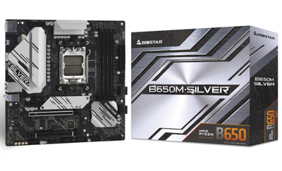 Материнська плата AM5 Biostar B650M-SILVER, B650, 4xDDR5, Int.Video (CPU), 4xSATA3, 2xM.2, 2xPCI-E 4.0 x16, 1xPCI-E 3.0 x1, ALC1220, RTL8125B, 6xUSB3.2/6xUSB2.0, HDMI/DP, MicroATX