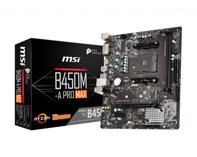Мат.плата AM4 (B450) MSI B450M-A PRO MAX, B450, 2xDDR4, Int.Video(CPU), 4xSATA3, 1xM.2, 1xPCI-E 16x 3.0, 1xPCI-E 1x 2.0, ALC892, RTL8111H, 6xUSB3.2/6xUSB2.0, DVI-D/HDMI, mATX