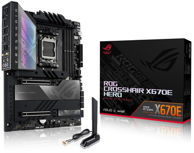 Материнська плата AM5 Asus ROG CROSSHAIR X670E HERO, X670, 4xDDR5, Int.Video (CPU), 4xSATA3, 3xM.2, 2xPCI-E 5.0 16x, 1xPCI-E 4.0 1x, ALC4082, Intel 2.5Gb, WiFi 6, Bluetooth 5.2, 2xUSB4.0/12xUSB3.2/4xUSB2.0, HDMI/2xType-C, ATX