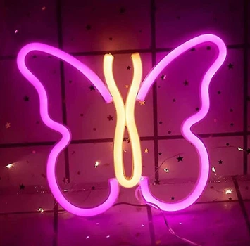 Настінний неоновий світильник нічник Метелик Decoration Lamp (25х20 см, USB, 5 В, 3хАА, лампа) - Рожевий / Жовтий
