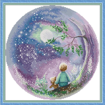 Набор для вышивания по нанесённой на канву схеме "Looking up at the moon". AIDA 14CT printed 34*34 см