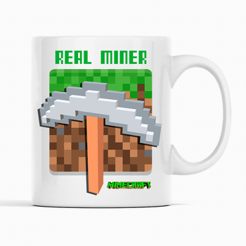 Белая кружка (чашка) с оригинальным принтом онлан игры Minecraft "Real Miner Кирка Minecraft Майнкрафт"