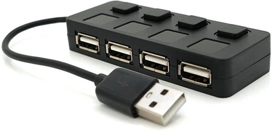 Хаб Voltronic USB 2.0 4 порта, Black, 480Mbts питание от USB, с кнопкой LED/Blue на каждый порт (YT02647)